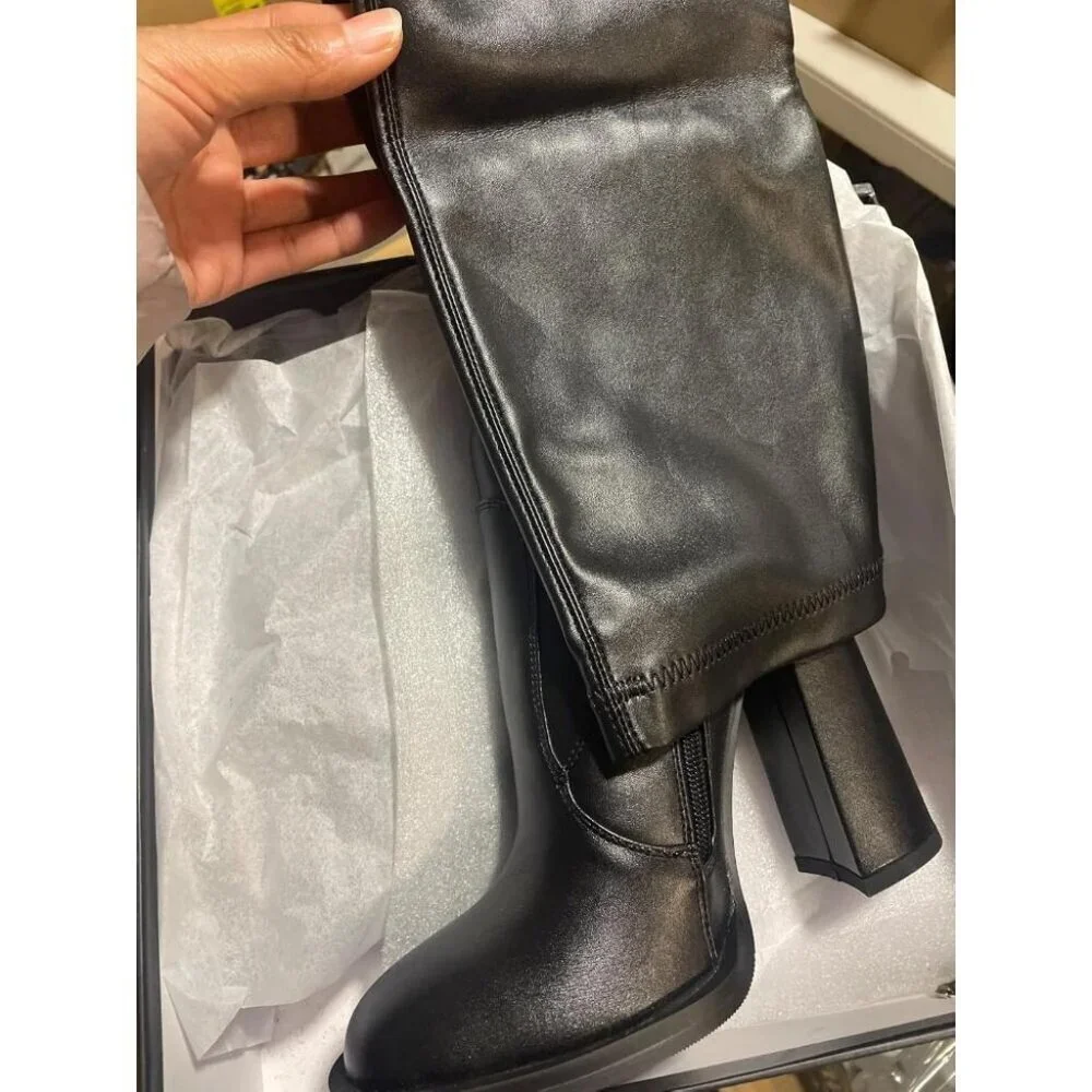 🆕Women Black Leather Over The Knee Thigh High Chunky Heel Pointed Toe Long Boot